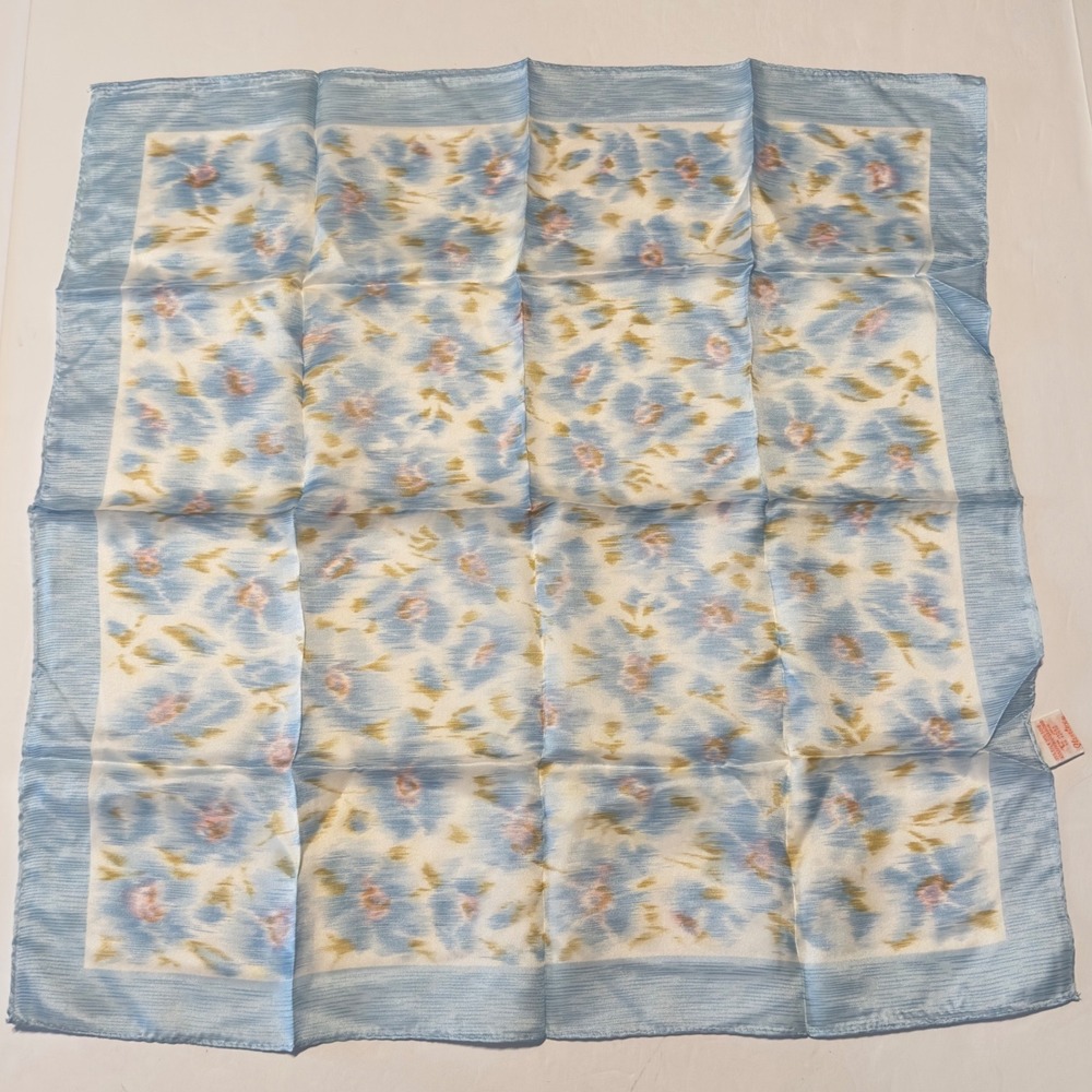 Glentex Vintage Blue Floral Silk Rayon Square Scarf Made in Japan 70s MCM Pinup